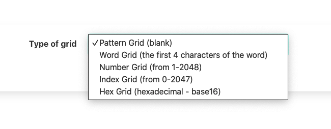 A screenshot showing the types of grids available