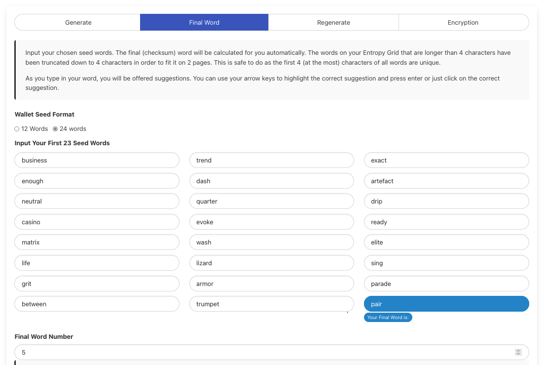 Screenshot of Final Word Calculator